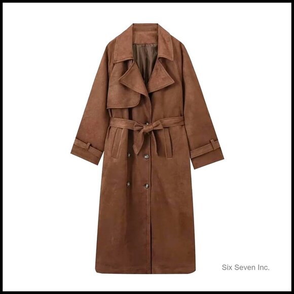 Jackets & Blazers - Faux Suede Trench Coat Double Breasted Pea Coat with Belt